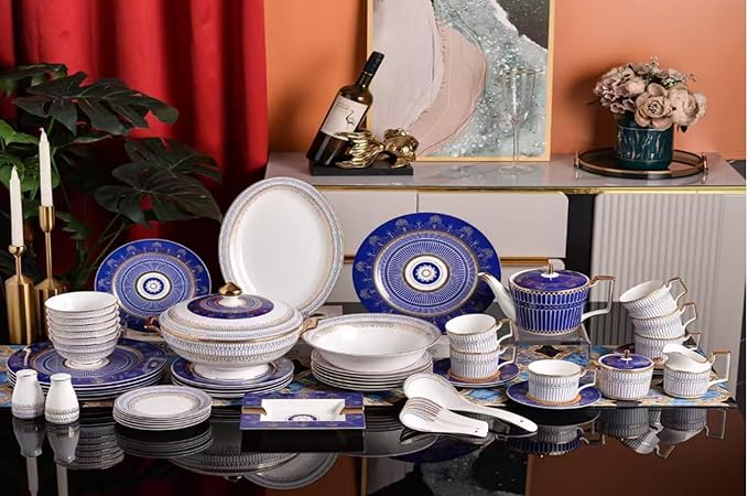 Luxury 58-Piece Bone China Dinnerware Set Blue &amp White with Gold Accents – Dishwasher Safe Fine China Plates Bowls Cups &amp Serving Pieces for Elegant Dining