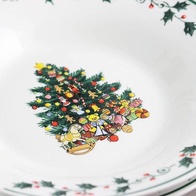 Unknown1 Cozy Christmas Tree Fine Ceramic 20 Piece Decorated Dinnerware Set White Holiday Casual Round Microwave Safe