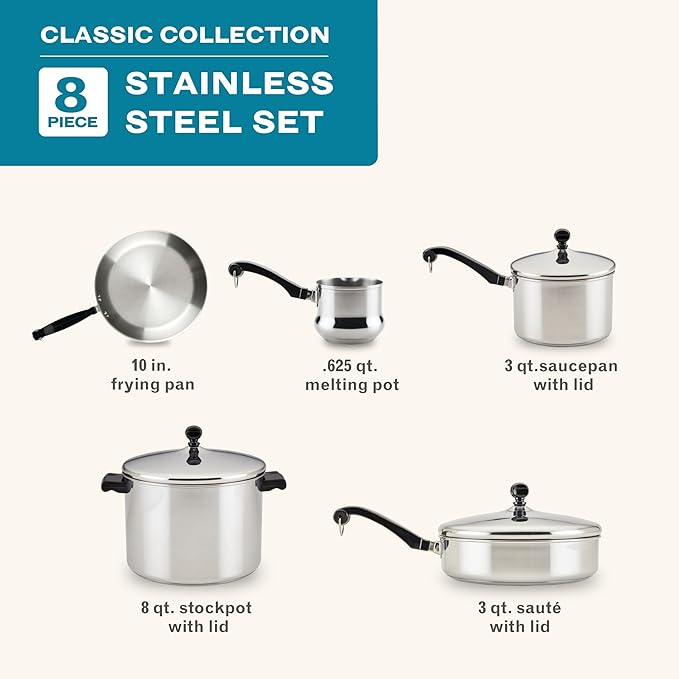 Farberware Classic Series Anniversary Edition Stainless Steel Cookware Set and Lids Induction Ready Dishwasher Safe 8 Piece Pots and Pans Metal Utensil Safe - Stainless Steel