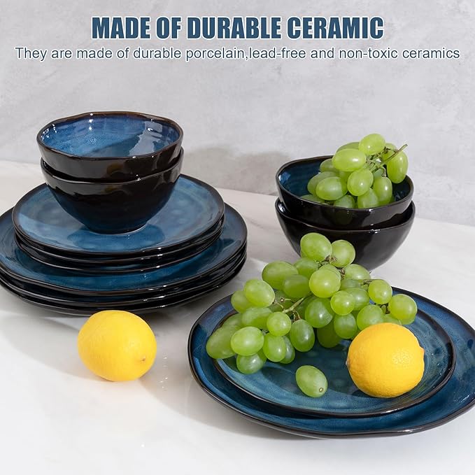 Dinnerware Set Blue 12 Pieces Service for 4 Stoneware Plates and Bowls Set Stoneware Set Dishwasher Microwave Safe Dishes set