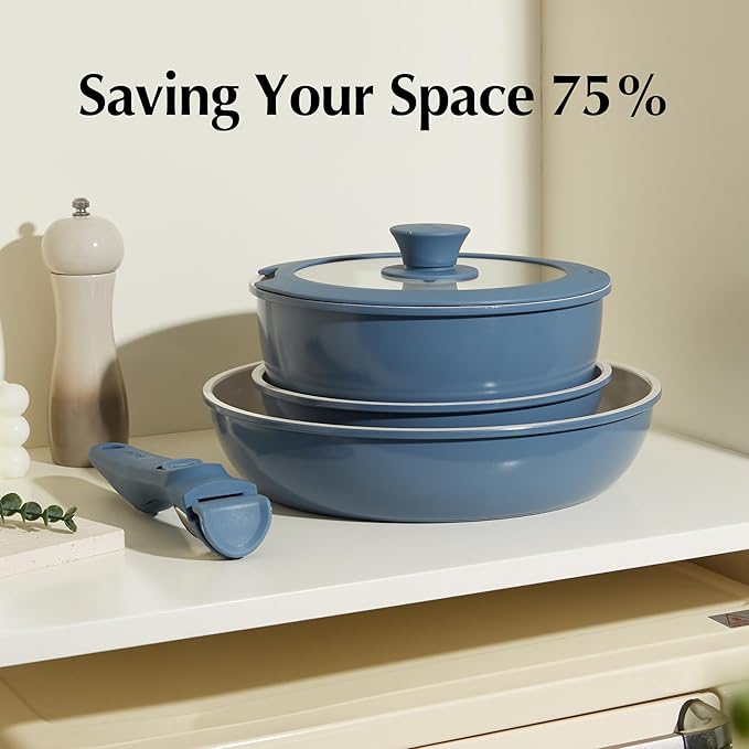 Redchef Ceramic Cookware Set Removable Handle Pots and Pans Non-Stick Rv Cookware Set Non-Toxic Pots and Pans Set No PFAS PTFE PFOA Detachable Pots and Pans Dishwasher &amp Oven Safe(Blue)