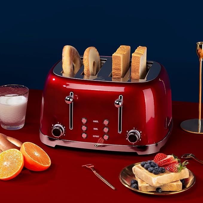 Roter Mond 4 Slice Toaster Retro Stainless Steel with Bagel Defrost Cancel Function 6 Browning Settings Extre Wide Slot and Removable Crumb Tray Red ST033