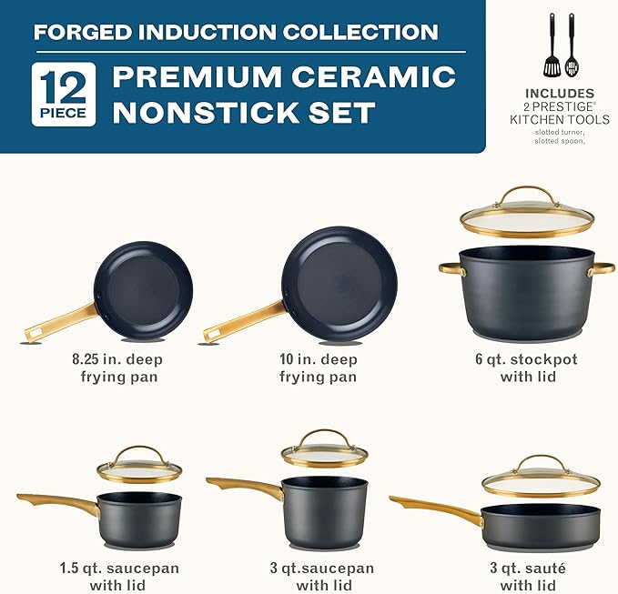 Farberware Forged Induction Ceramic Nonstick Pots and Pans Set with Lids and Kitchen Cooking Tools - Dishwasher Safe Suitable for All Stovetops 12 Piece Cookware Set - Black and Gold