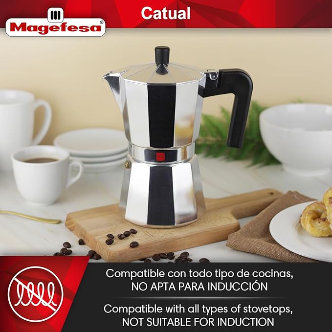 Magefesa Catual Italian Coffee Maker for 9 Cups Robust and Lightweight Aluminium Suitable for All Hobs Except Induction Ergonomic Handle Even Heat