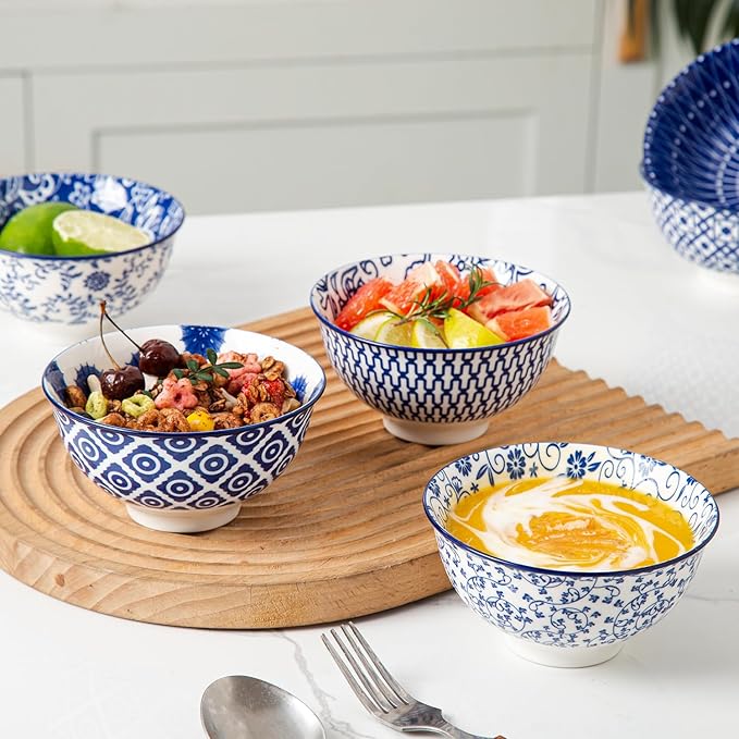 12 Pcs Ceramic Dinnerware - 12 OZ Dessert Bowls and 10.5 IN Dinner Plates Set - Service for 6 - Vintage Blue