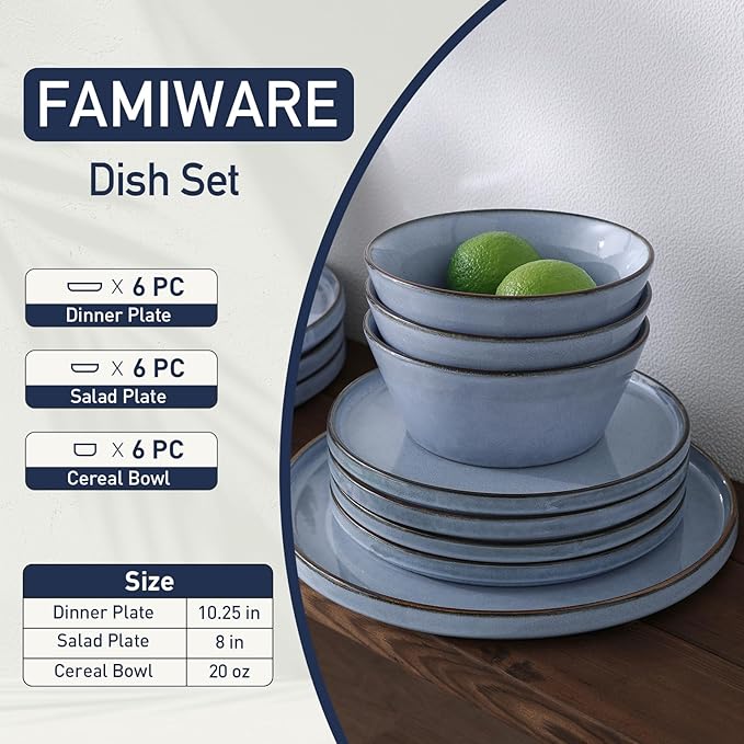 Famiware Annecy Dinner Plates and Bowls Sets Stoneware Dinnerware Sets Dishes Set for 6 18 Pieces Handmade Dishware Set - Microwave &amp Dishwasher Safe Double Reactive Glaze Tableware Reactive
