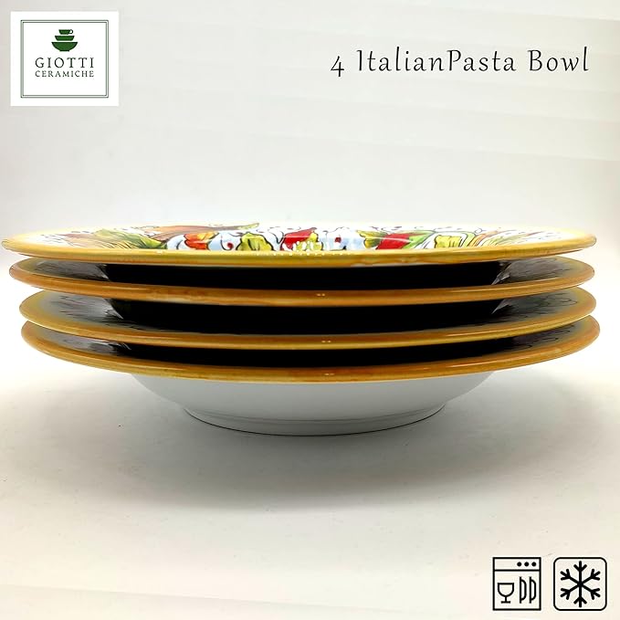 Italian Ceramic dinnerware set - Hand Painted kitchen Pasta Bowls sets for 4 - Made in ITALY Tuscany - Italian Pottery dinner plates - Home Decor Sunflower Poppies Ceramics dishes set - Service For 4
