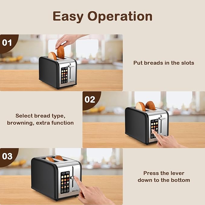 Mecity 2 Slice Touch Screen Toaster 1.5 Wide Slot Stainless Steel Smart Toaster for Bagels Muffins Waffles Gluten-Free Breads Defrost Reheat Timer 120V 825W Matt Black