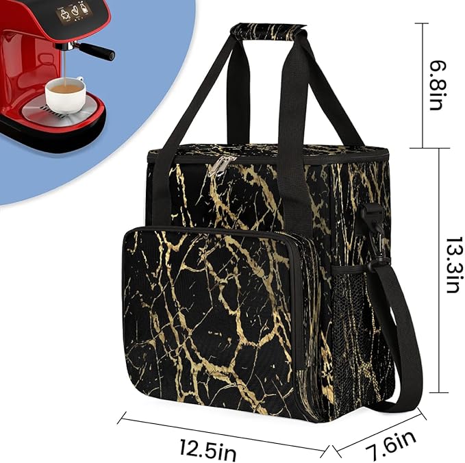 Black Marble Gold Texture Coffee Maker Carrying Bag Compatible with K-Mini or K-Mini Plus Portable Single Cup Coffee Maker Case with Pockets for K Cup Pods