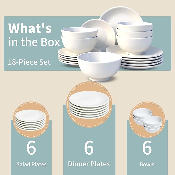 18-Piece White Porcelain Dinnerware Set Service for 6 Thickened Durable Plates &amp Bowls Microwave Dishwasher Oven Safe Lumina Porcelain Kitchen Essentials