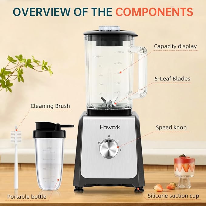 HOWORK Blender for Smoothies 750W Personal Blender 56 Oz Glass Jar 16oz Portable Cups2+P speed 3 Functions for Smoothies Frozen Drinks &amp Ice CreamGrey