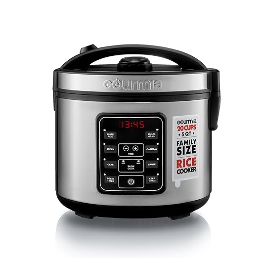 Gourmia Rice Cooker – 5 Qt Capacity 20 Cup Cooked 10 Cup Uncooked Digital Controls 6 Cooking Presets Grain Cooker &amp Steamer Nonstick Pot Steam Tray Delay Timer Keep Warm Stainless Steel