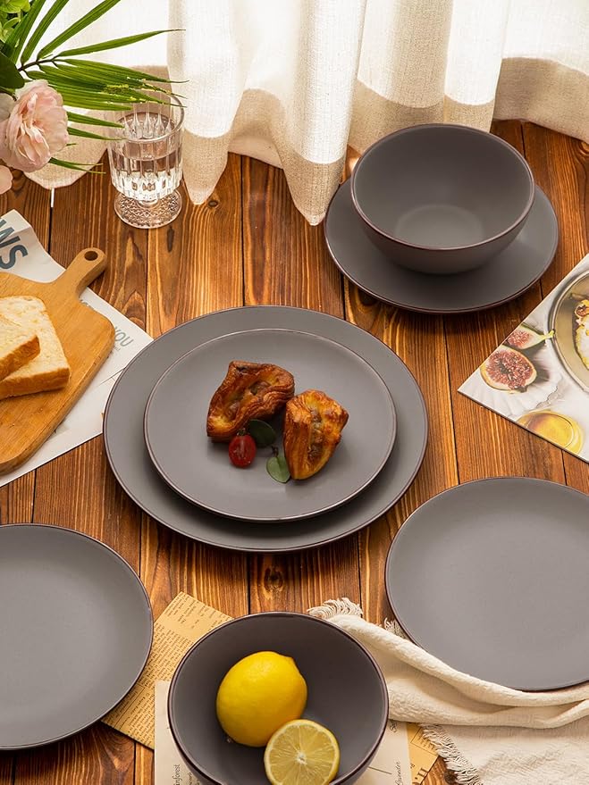 Famiware Venus Dinnerware Sets and Mercury Pasta Bowls Set and Mercury Coffee Mugs Set of 4 20 Pieces Plates and Bowls Sets Microwave and Dishwasher Safe Dark Grey