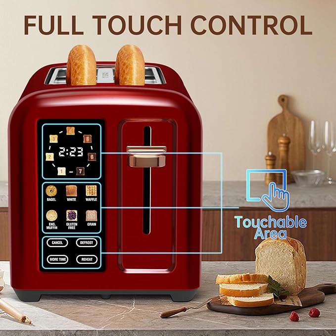 SEEDEEM Toaster 2 Slice Touch Control Stainless Toaster LCD Display 50% Faster Heating Speed 1.4'' Wide Slots More Timer Functions Removable Crumb Tray 1350W Dark Cherry