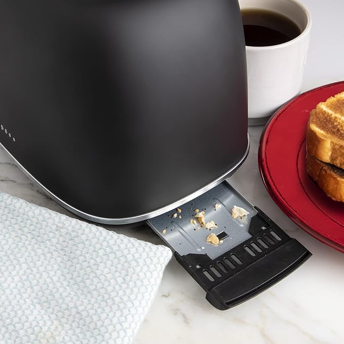 Rae Dunn Retro Rounded Bread Toaster 2 Slice Stainless Steel Toaster with Removable Crumb Tray Wide Slot with 6 Browning Levels Bagel Defrost and Cancel Options Black