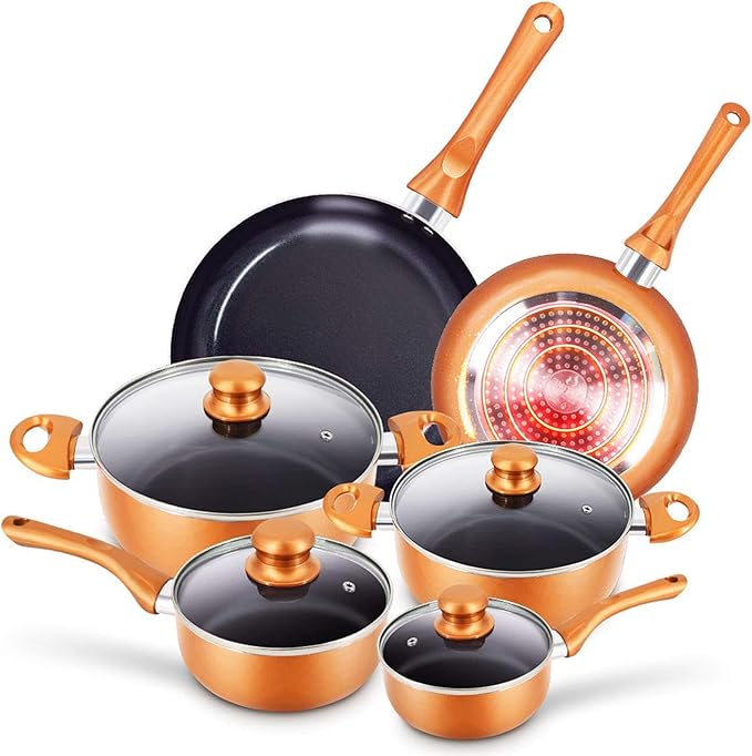 10pcs Cookware Set Non-stick Frying Pans Set Ceramic Coating Soup Pot Milk Pot Copper Aluminum Pan with Lid Gas Induction Compatible 1 Year