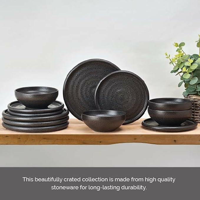 Mikasa Declan 12 Piece Stoneware Dinnerware Set Service for 4 Modern Black Plate and Bowl Dishes with High Rims Black