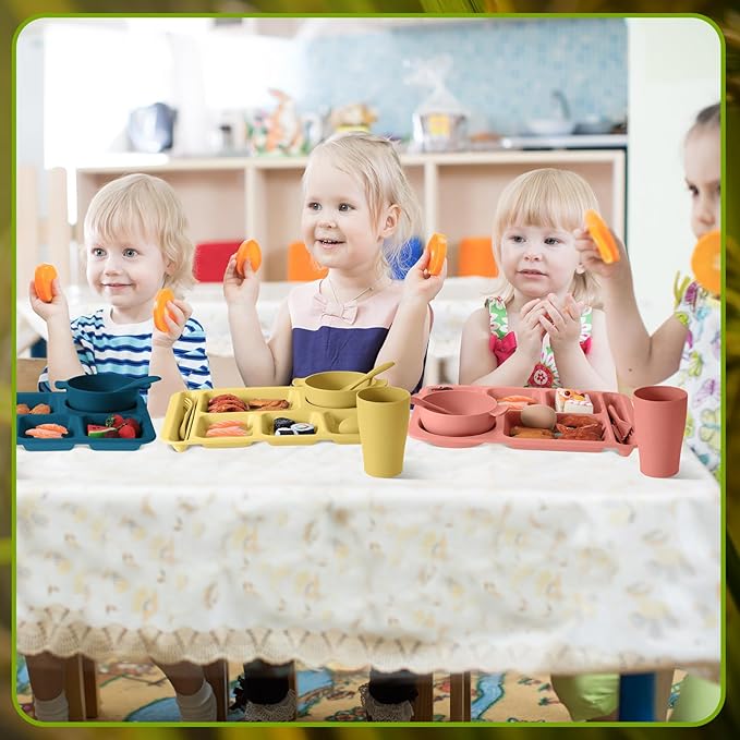 Bokon 24 Pcs Divided Plate for Adult Wheat Straw Lunch cutlery Set Toddler Dinnerware Microwave Safe Picnic School(Classic Color)