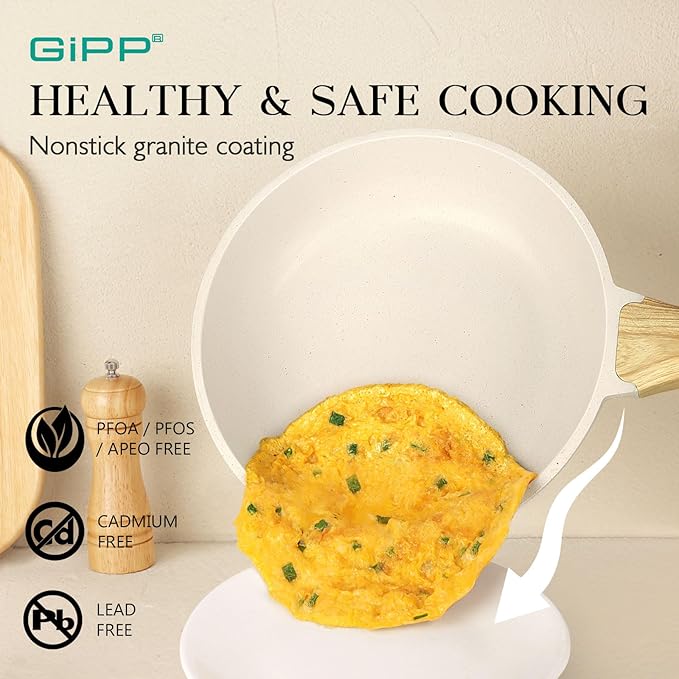 GiPP Pots and Pans Set Non Stick - 10 Pcs White Granite Kitchen Cookware Sets Nonstick Induction Cookware Non-toxic Cooking Pan Set with Lids PFOS and PFOA Free