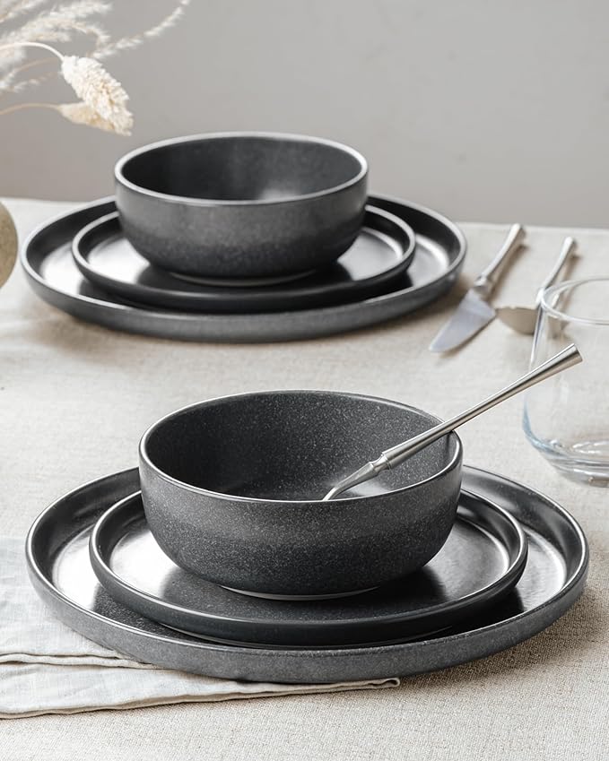 Famiware Milkyway Plates and Bowls Sets 24 Pieces Dinnerware Sets Reactive Glaze Dish Set Stoneware Dishes Set for 8 Matte Dark Charcoal