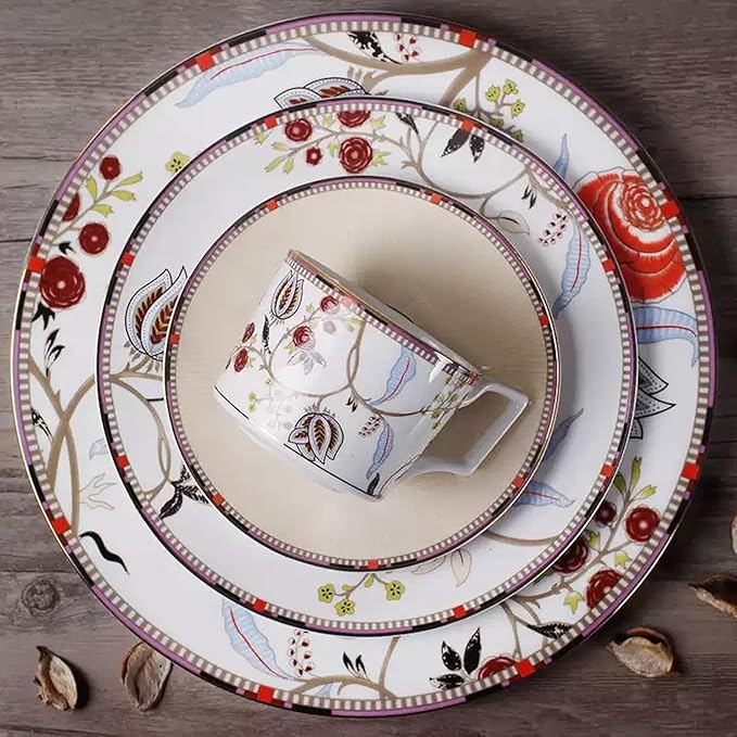 Dinnerware Set service for 4Lightweight Round Plates Bone China Dinnerware SetsSteak Dinner Plates Dish Set (16Pcs) a beautiful gift for housewarming and marriage