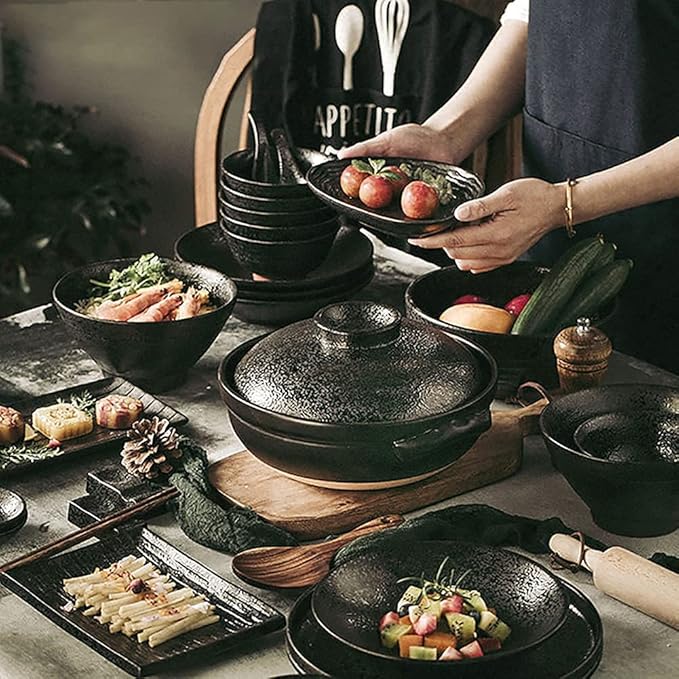 Kitchen Tableware SetCeramics Dinnerware Sets Plates and Bowls Sets 66 Pcs Kiln Change Dishes Set - Black Dinner Plates/Steak and Pasta Plate