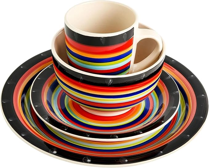 16-Piece Red Stoneware Dinnerware Set – Round Plates Bowls &amp Mugs with Multicolor Ring Design Microwave &amp Dishwasher Safe Tableware for 4