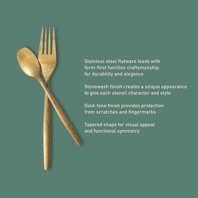Bloomhouse - Two Time Oprah's Favorite Things Winner - 20 Piece Stone Washed Gold Flatware 18/10 Stainless Steel Silverware Cutlery Utensil Set With Acacia Wood Caddy - Service for 4