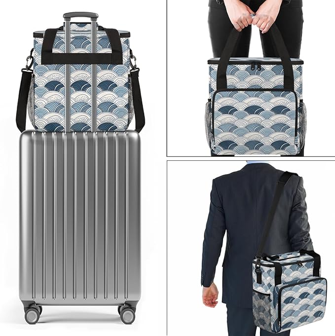 Blue Geometry Curve Coffee Maker Carrying Bag Portable Travel Storage Tote Bag Compatible with K-Mini or K-Mini Plus Single Serve Coffee Brewer Carrying Case with Multiple Pockets &amp Shoulder Str