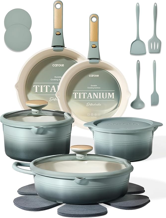 CAROTE 20Pcs Titanium Cookware Set Pots and Pans Set Non Stick Kitchen Cooking Set with Detachable Handle Non Toxic Induction Cookware Dishwasher/Oven Safe