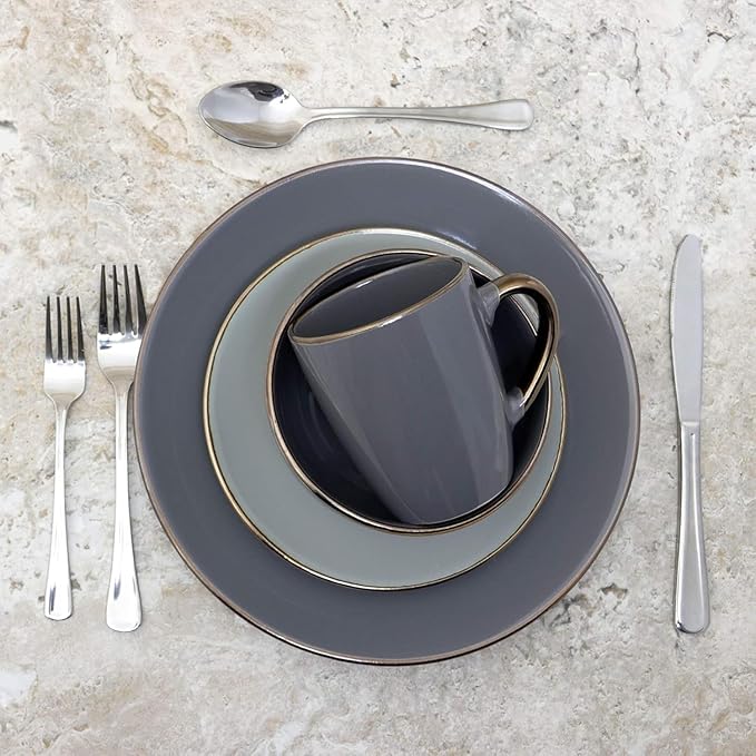 16-Piece Stoneware Dinnerware Set – Modern Glossy Dish Set for 4 in Black Taupe &amp Gray – Microwave and Dishwasher Safe Dinner Plates Bowls Mugs and Salad Plates (Assorted Gray)