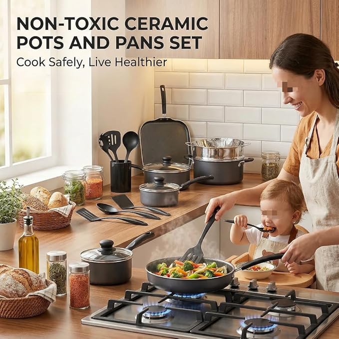 18-Piece Non-Stick Cookware Set Steel Gray Multiple Pots &amp Utensils Included Universal Stove Compatibility Dishwasher Safe