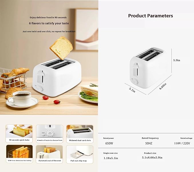 Toater2 Slice Toaster With 1.18 Wide Slot Smart Toaster 6 Browning Settings Defrost Reheat Removable Crumb Tray