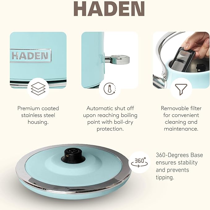 Haden Heritage 1.7 Liter Stainless Steel Electric Tea Kettle with Heritage 2 Slice Wide Slot Stainless Steel Bread Toaster Turquoise