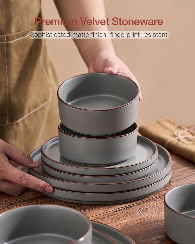 Famiware Nebula Ridge Stoneware Dinnerware Sets for 8 24 Pieces Plates and Bowls Sets Dishes Set Microwave and Dishwasher Safe Kitchen Plates Dark Gray