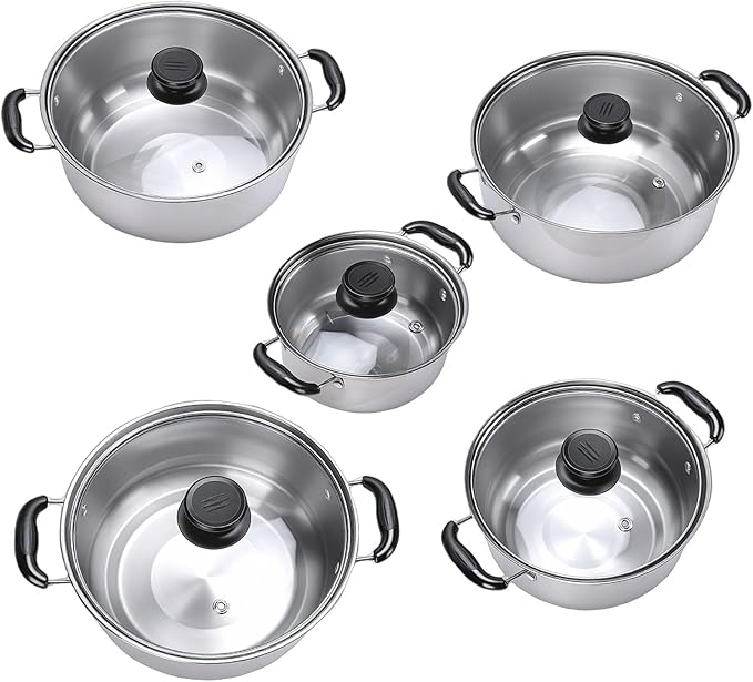 MAVIS LAVEN Stainless Steel Cookware Set 5 Pots with Glass Lids for Cooking Sturdy Structure Easy and Dishwasher Safe Induction Compatible for Diverse Cooking Needs