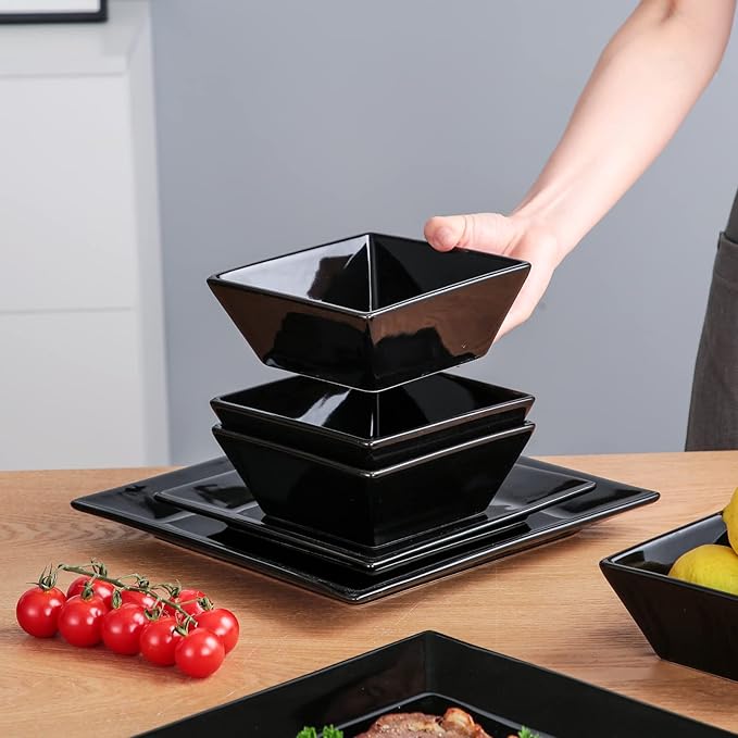 DOMINI 12-Piece Square Dinnerware Set Service for 4 Porcelain Dishes Dinner Square-Black