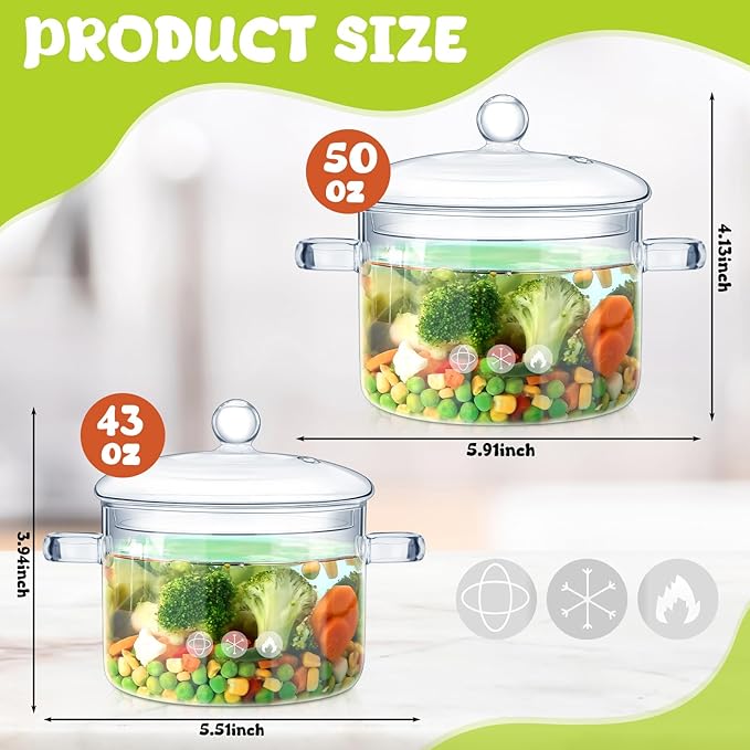 Uiifan 2 Pcs Glass Cooking Pot with Cover and Handle Heat Resistant 44 oz and 50 oz Glass Cookware Set Clear Simmer Pot Handmade Glass Saucepan for Noodles Soup Tea Milk Pasta