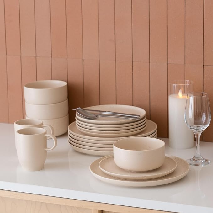 Stoneware Plates and Bowls Set - 12pcs Reactive Glazed Dinnerware Service for 4 Scratch &amp Chip Resistant (Oat Beige)