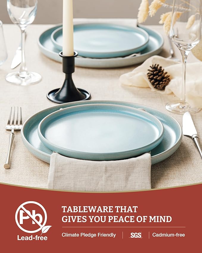 Famiware Milkyway Plates and Bowls Sets 12 Pieces Dinnerware Sets Reactive Glaze Dish Set Stoneware Dishes Set for 4 Light Blue