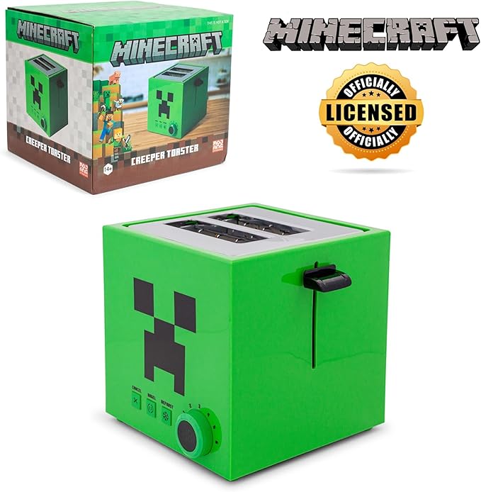 Minecraft Green Creeper 2-Slice Toaster For Bagels Waffles and Breads | Features 6 Settings With Defrost Option | Imprints Creeper Symbol On Bread