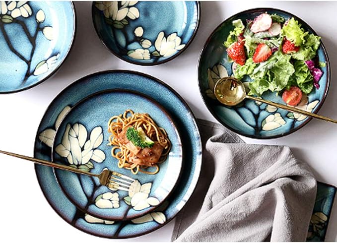 SHINING Blue Creative Hand Painting Porcelain Dinnerware Tableware Dinner Service Set Saqure Plate Deep Plate Bowl For Wedding Birthday Christmas Gift (8 Deep Plate)