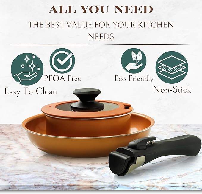 Moss &amp Stone Copper Pots And Pans Set Nonstick Removable Handle Cookware Stackable Pots And Pans Set Dishwasher safe Induction Pots And Pans Camping Cookware Set Aluminum (7 Pcs)