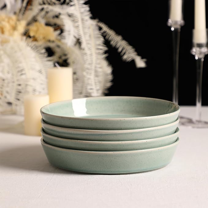 Stone Lain Claire 4-Piece Pasta Bowl Set Stoneware Bowls Dishwasher and Microwave Safe Dish Set for 4 Green