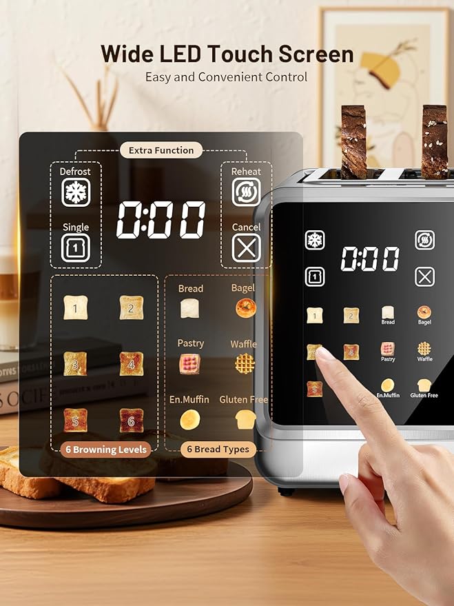 4 Slice Toaster with Touch Screen Stainless Steel Smart Bread Toaster 1.5 Wide Slots 6 Shade Settings &amp 6 Bread Types for Bagels Timer Single Slice Toasting Reheat Defrost 1800W