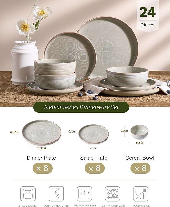 Famiware Meteor Plates and Bowls Sets 24-Piece Stoneware Dinnerware Sets Dishes Set for 8 Microwave and Dishwasher Safe Tableware Matcha Green