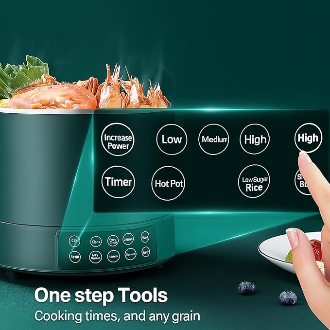 3L Low Sugar Rice Cooker with Lifting Steamer Basket Electric Stainless Steel Rice Maker Carb Reducing Fast Heating 3-Speed Touch Control Compact for Dorm Home Kitchen UseGreen