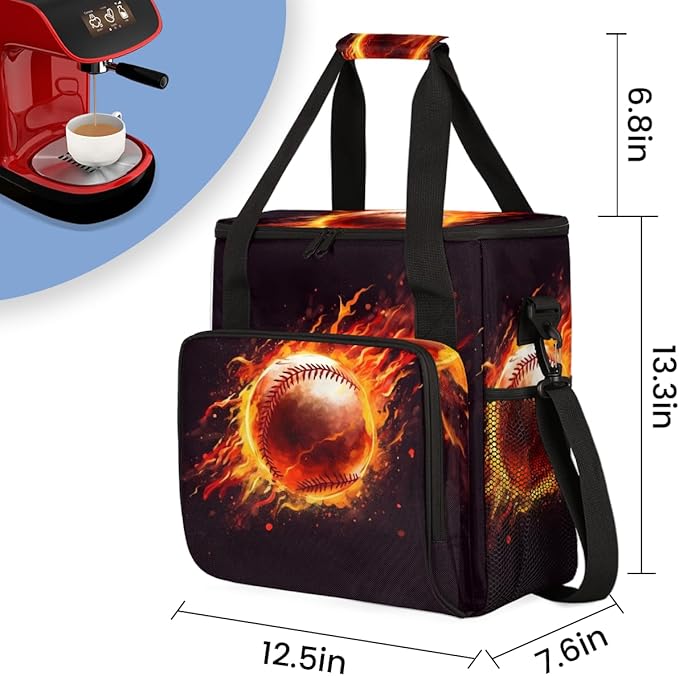 Flame Baseball Coffee Maker Carrying Bag Fire Baseball Travel Storage Bag Compatible with K-Mini or K-Mini Plus Single Serve Coffee Brewer Carrying Case with Multiple Pockets &amp Shoulder Strap