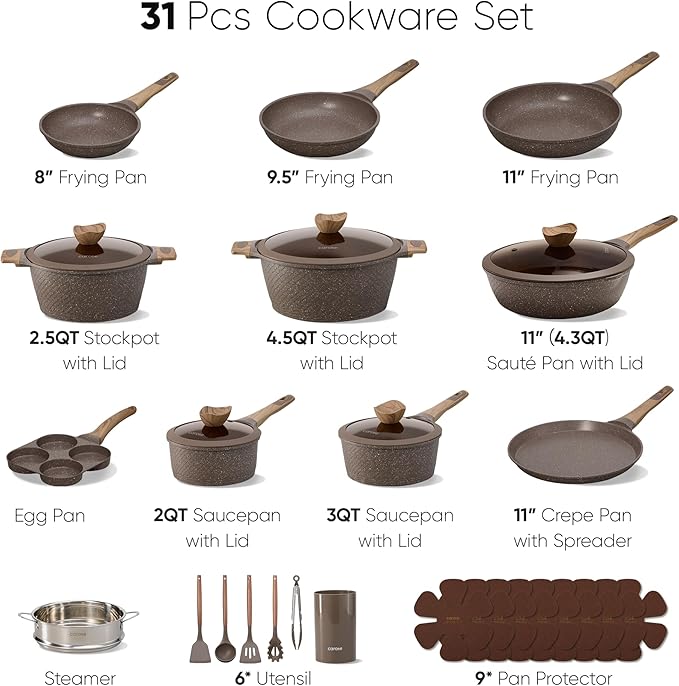 CAROTE 31pcs Pots and Pans Set Non Stick Cookware Set Pots and Pans Nonstick Kitchen Cooking Induction Cook Ware PFOA Free
