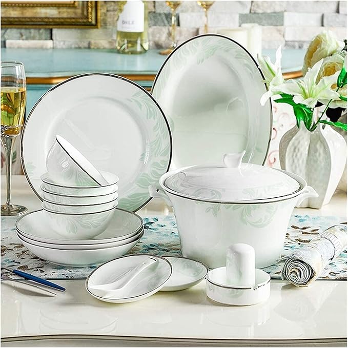Dinnerware Sets - Luxury Gift Dishes Service Set Ceramics Dinnerware Set with 46-Piece Bowl/Stockpot/Dish/Spoon|Bone China Dinner Sets Fresh Green Porcelain Combin